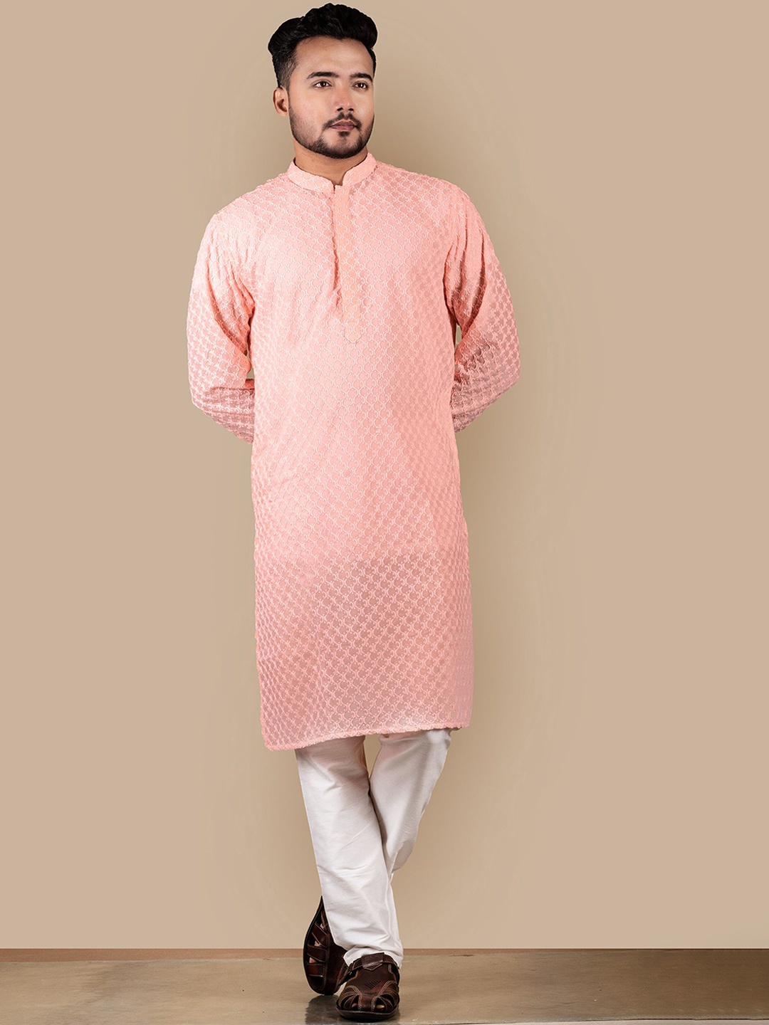 HERE&NOW Pink Ethnic Motifs Embroidered Chikankari Straight Cotton Kurta