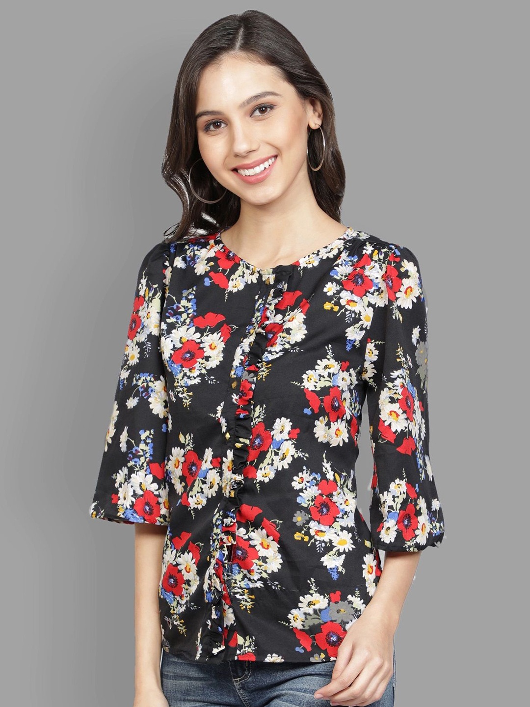 Sipsew Women Floral Printed Top, Black