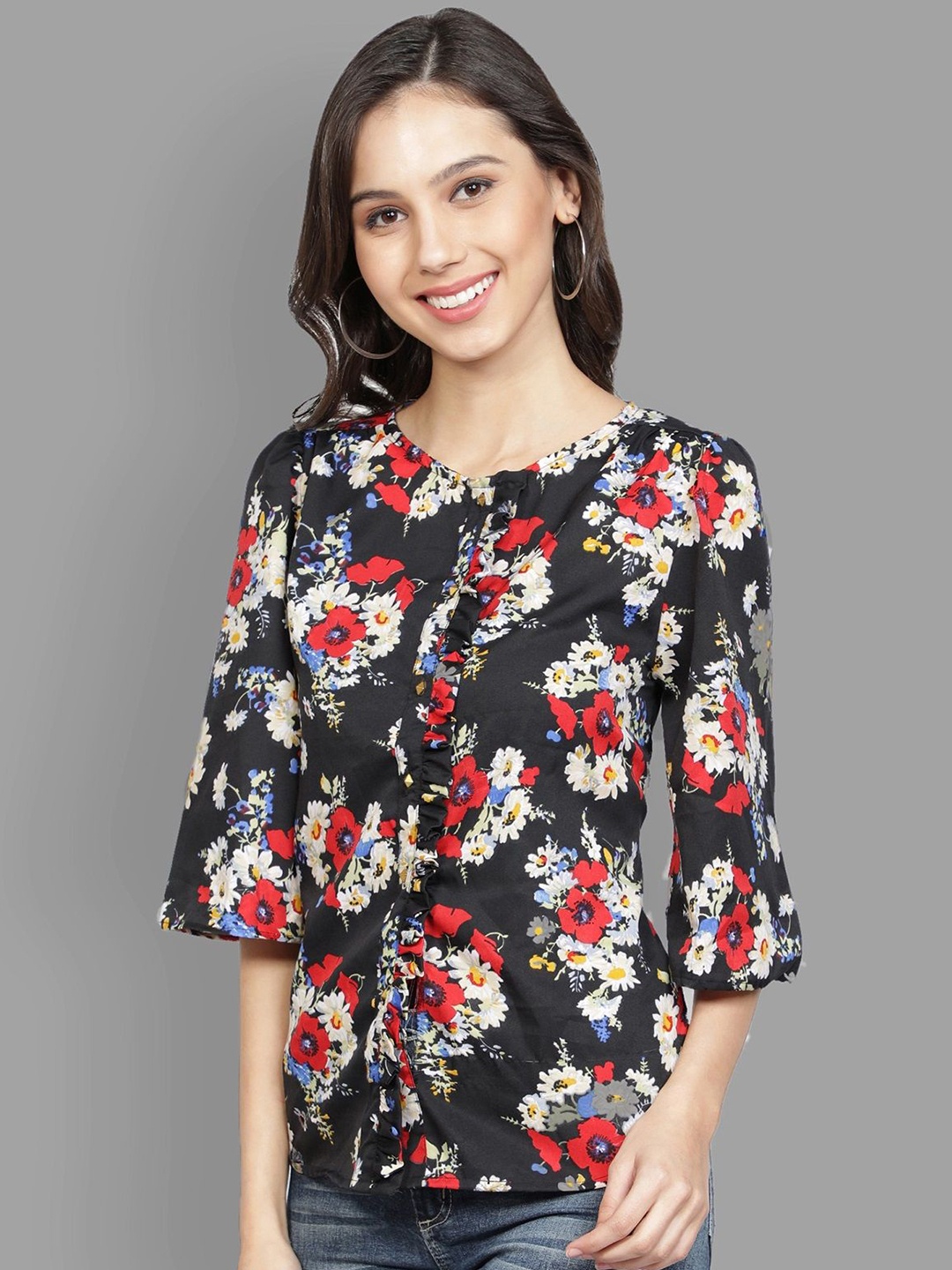 

Sipsew Women Floral Printed Puff Sleeves Top, Black