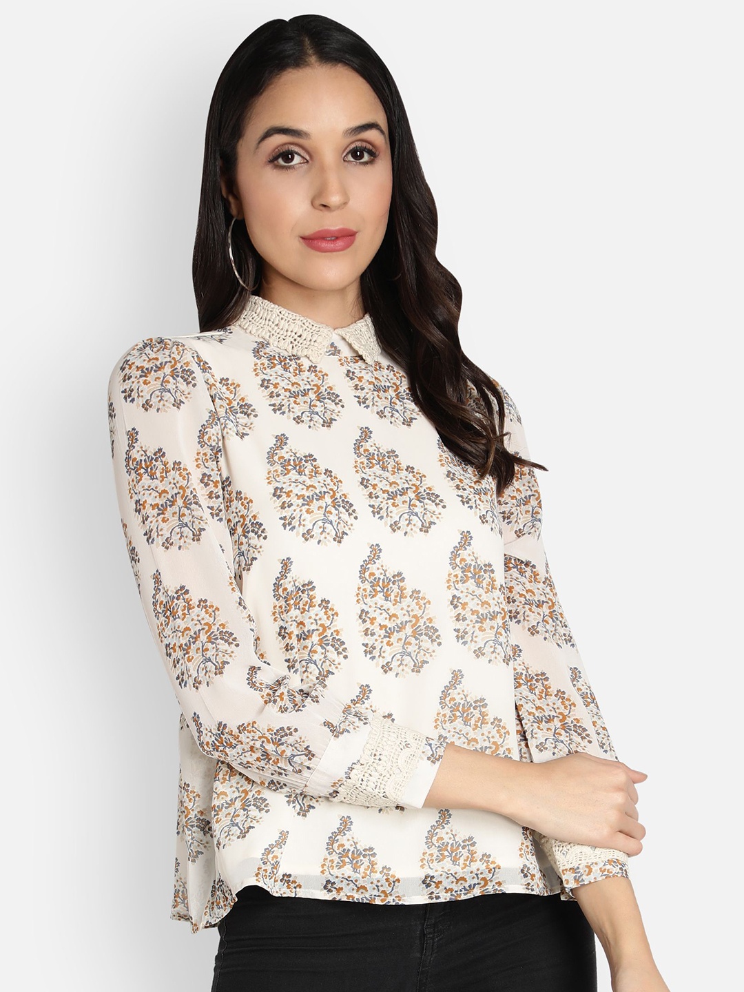 

Sipsew Women Floral Printed Blouson Top, Beige