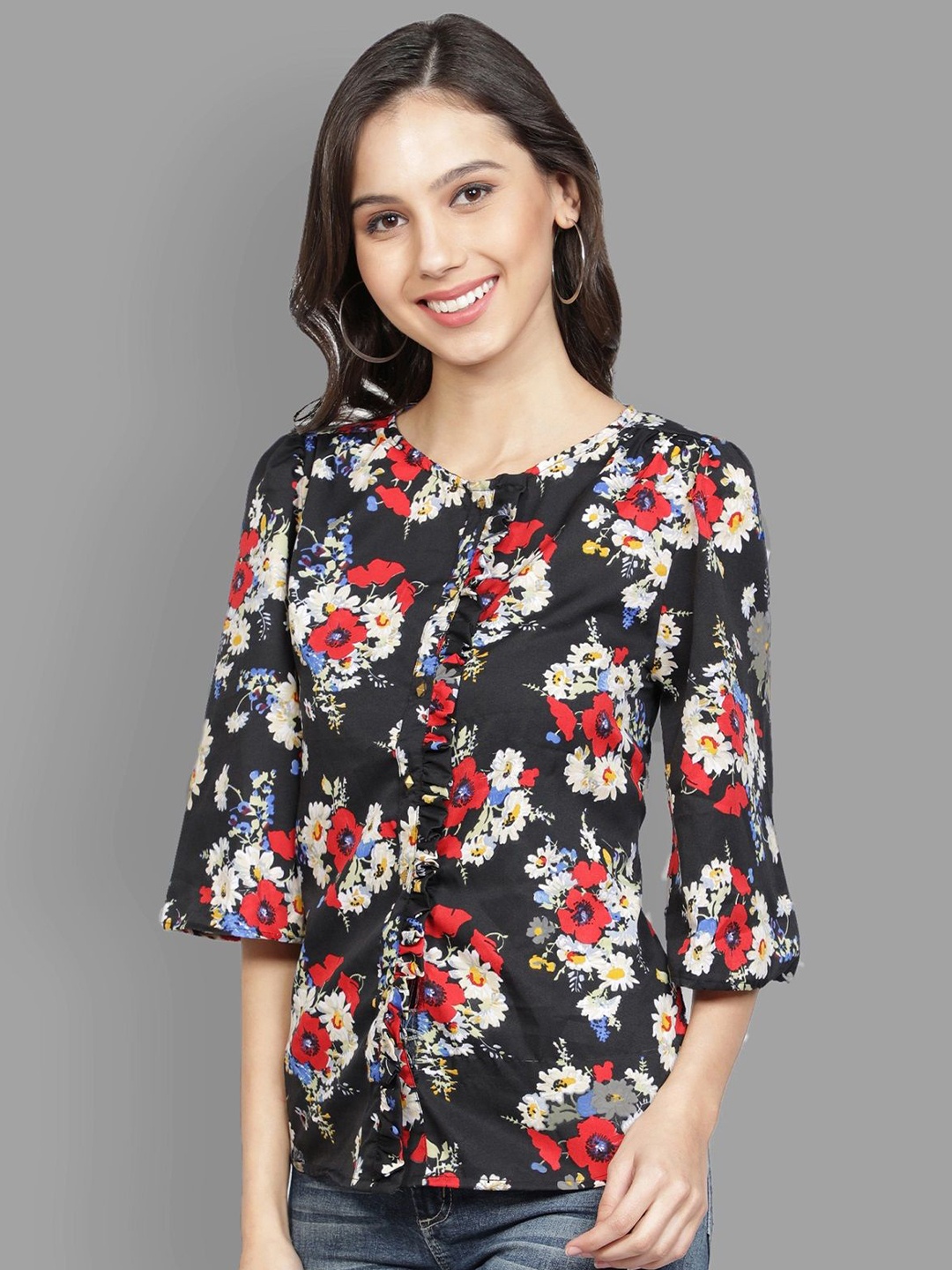 Sipsew Women Floral Printed Bell Sleeve Top, Black
