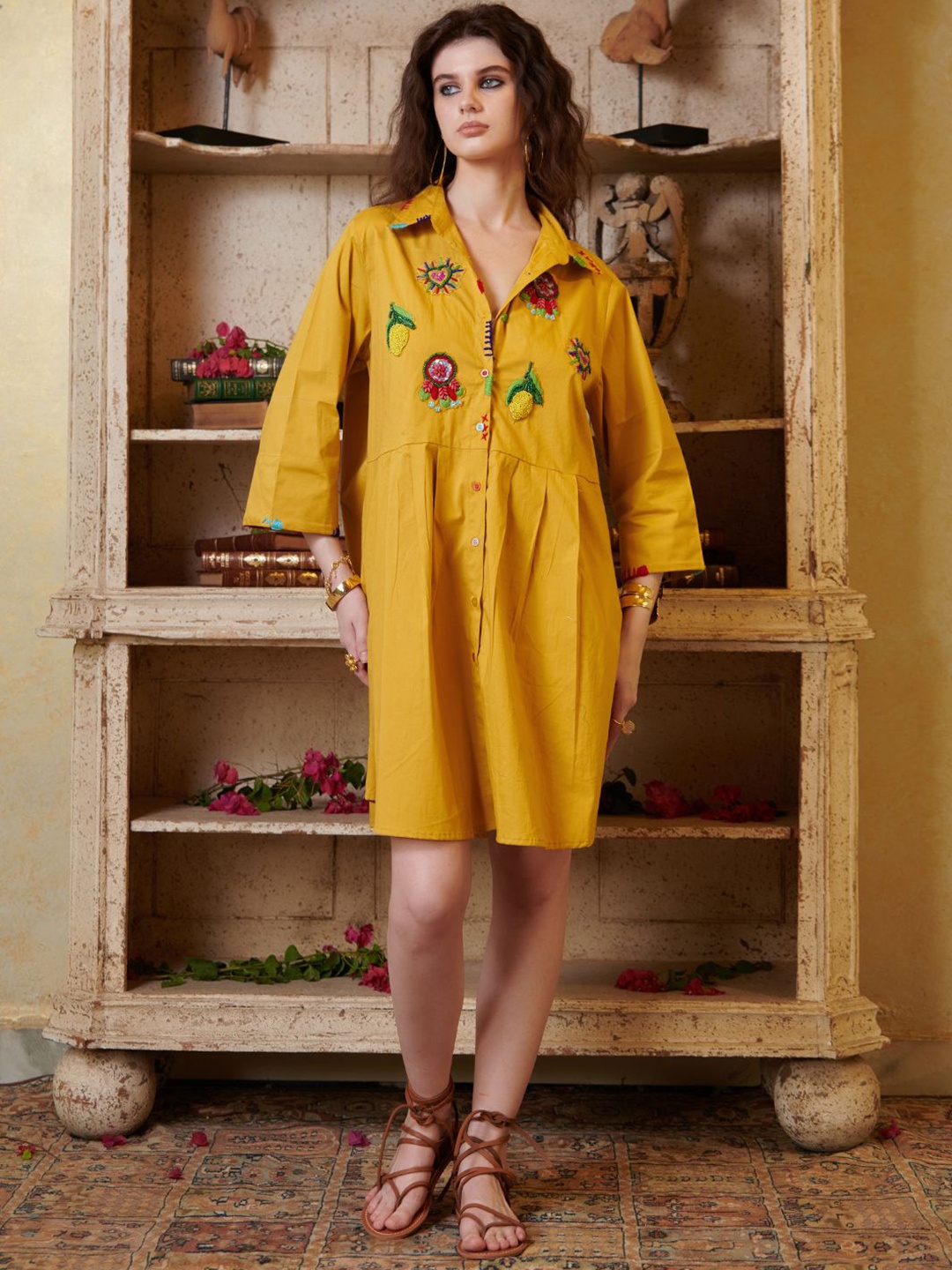 

CIN CIN Women Embroidered Embellished Shirt Dress, Mustard