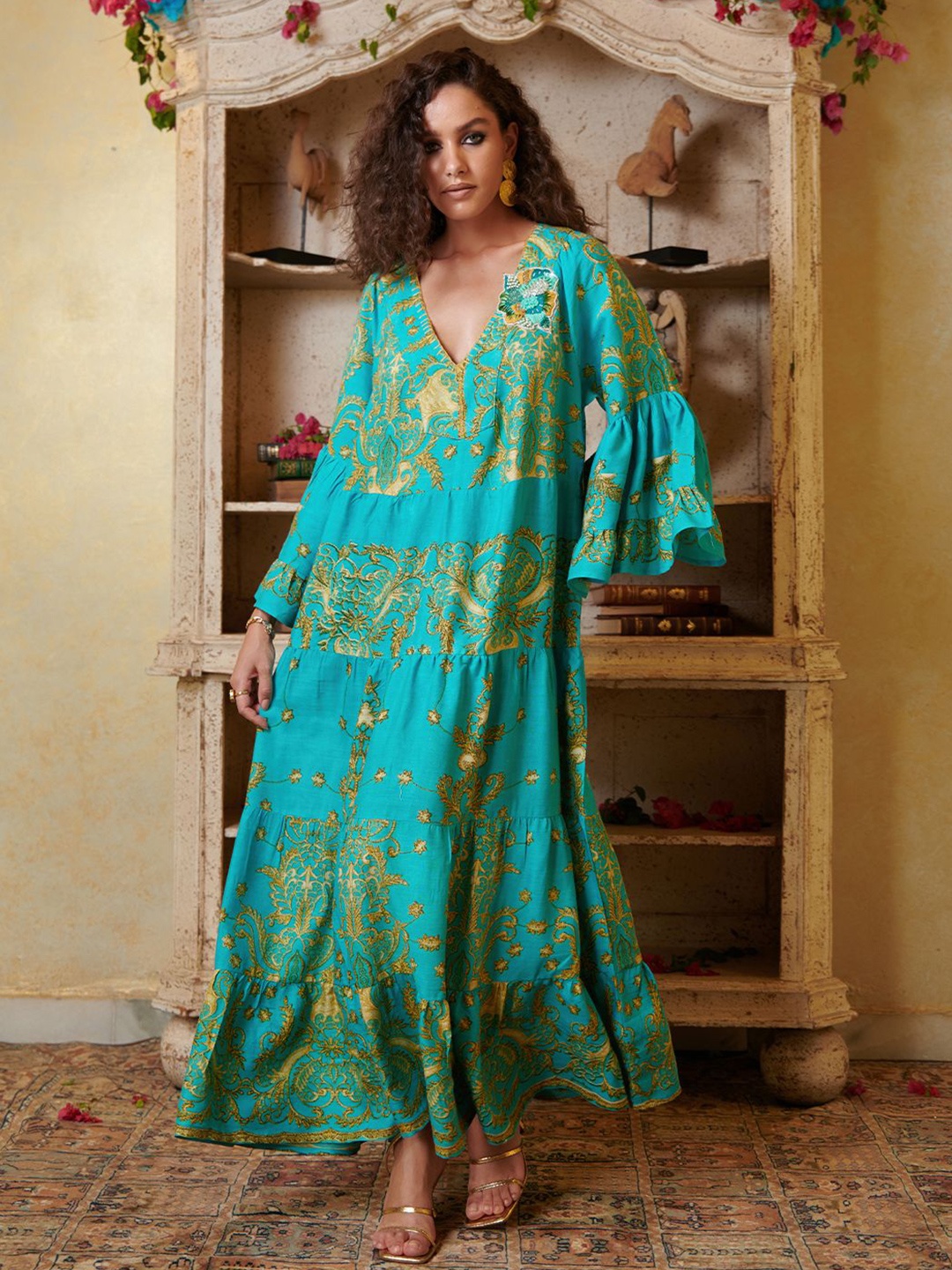 

CIN CIN Women Floral Print Flared Sleeve Maxi Dress, Teal