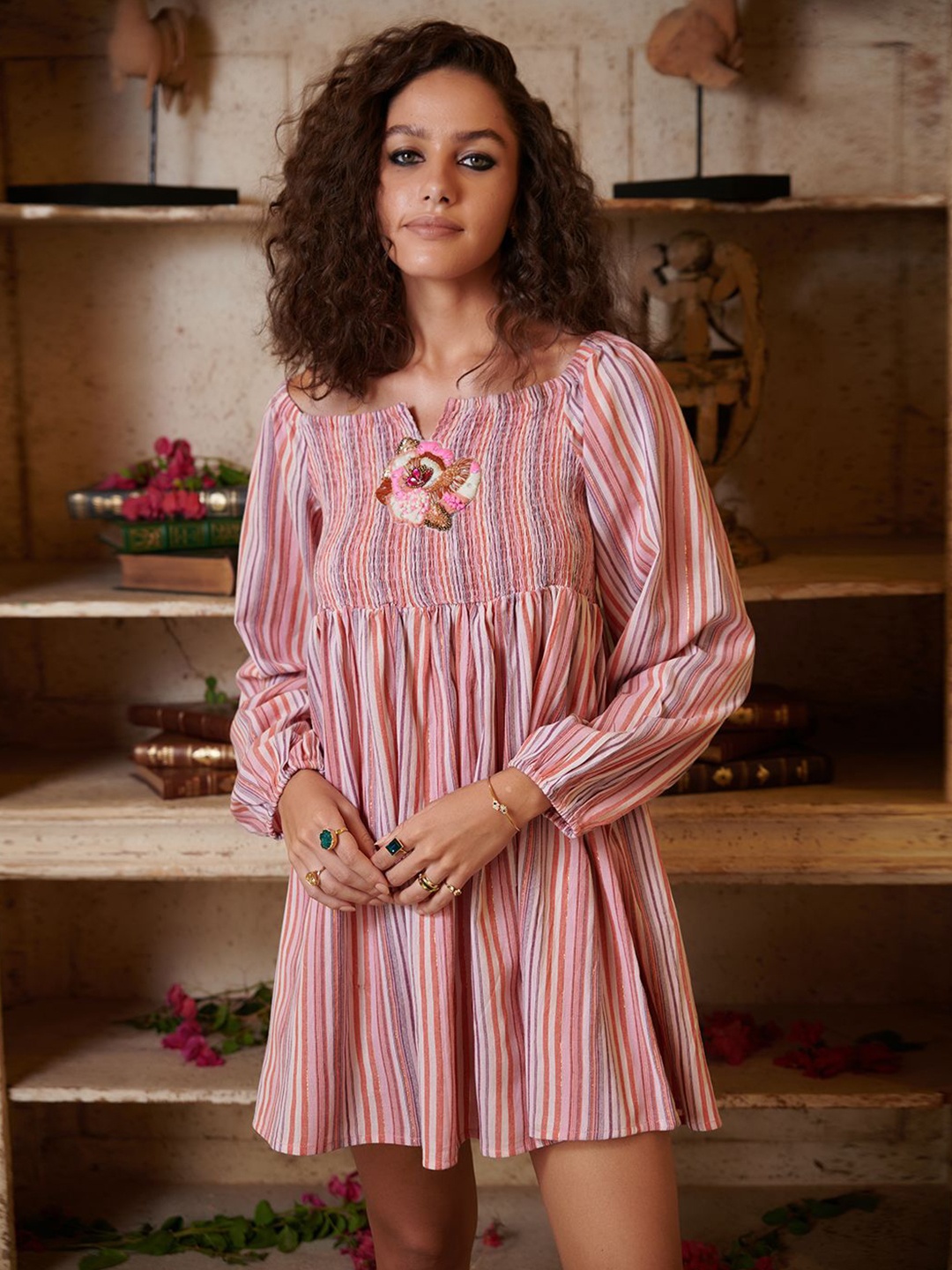 

CIN CIN Women Floral Striped Smocked Detailed Puff Sleeve A-Line Dress, Pink