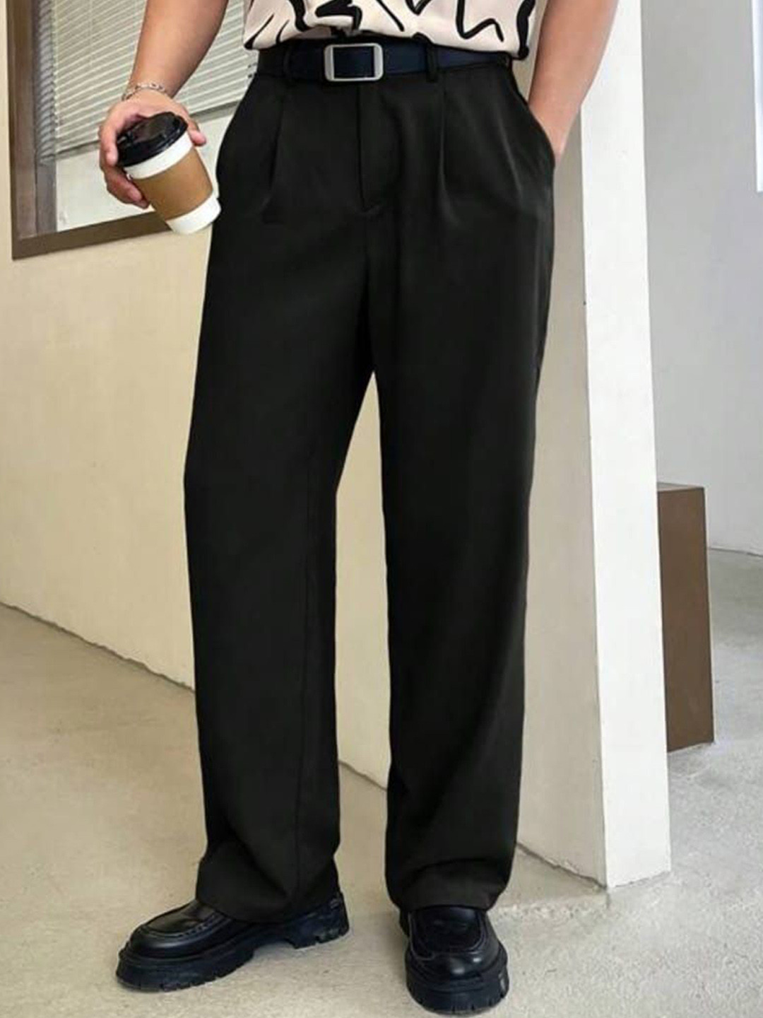 

Next One Men Smart Loose Fit Easy Wash Pleated Trousers, Black