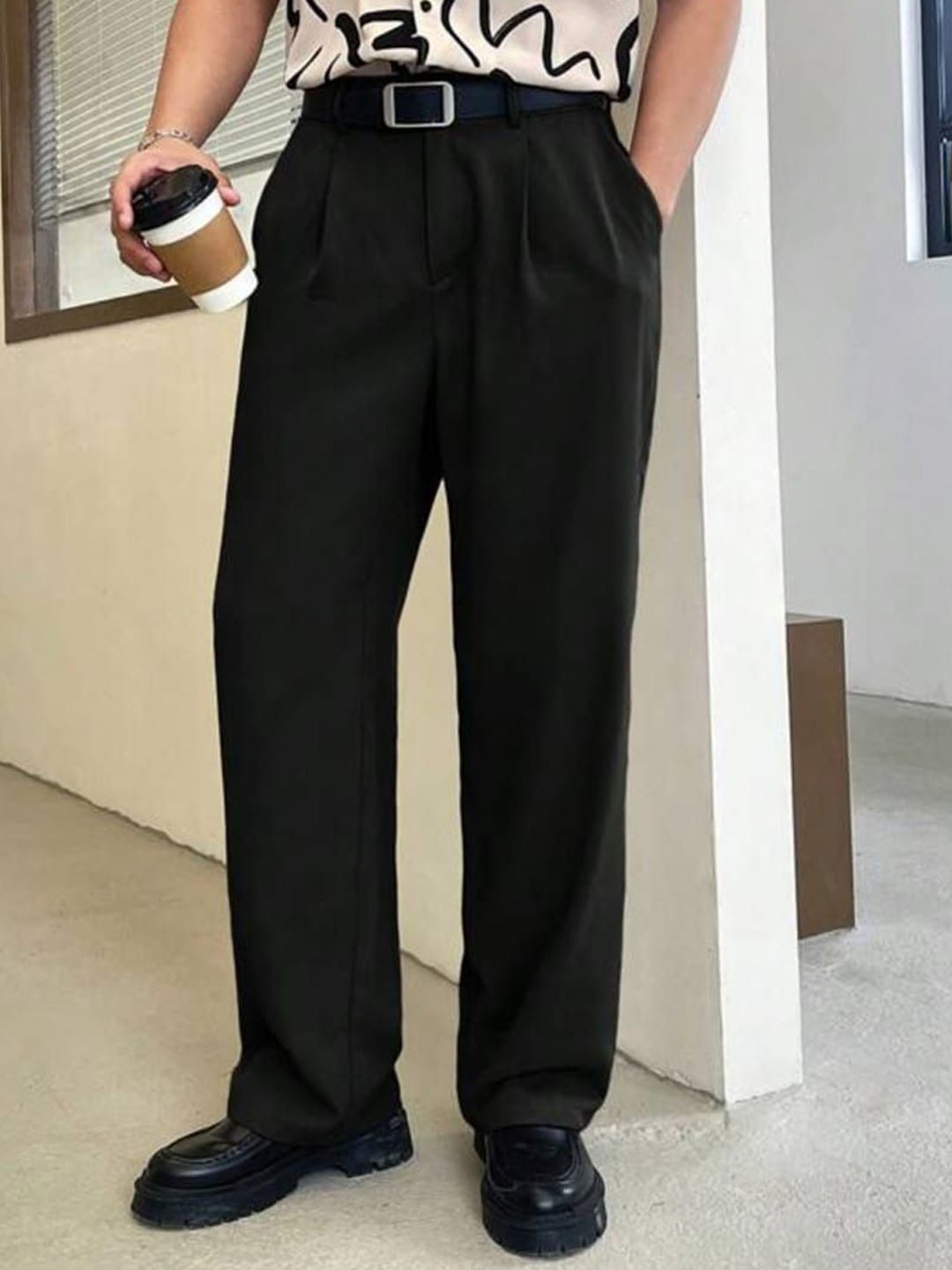 

Next One Men Smart Loose Fit Easy Wash Pleated Trousers, Black