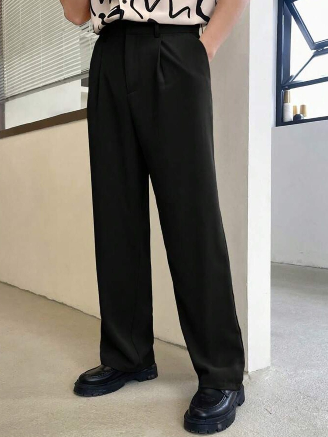 Next One Men Smart Loose Fit Easy Wash Pleated Trousers, Black