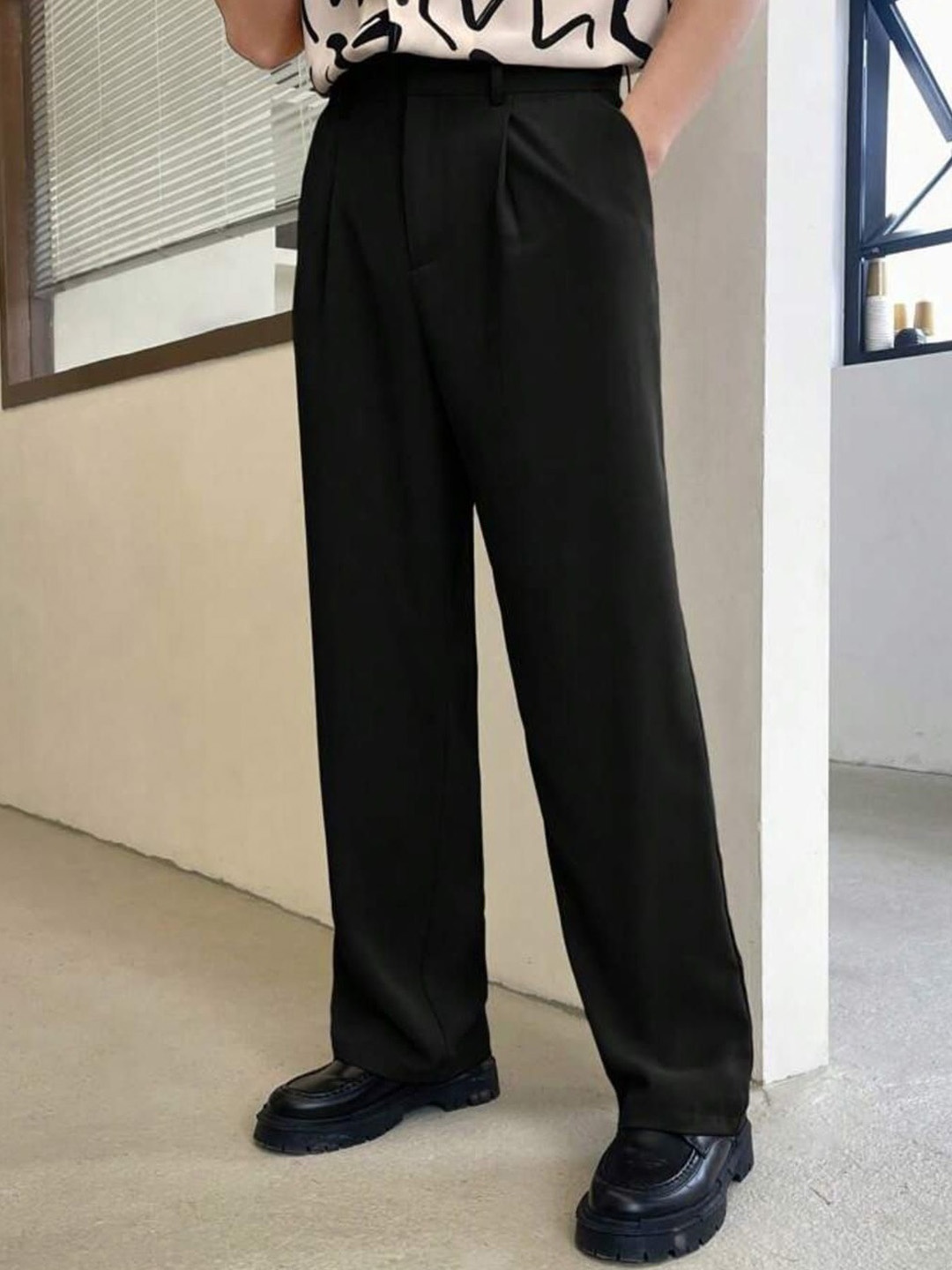 

Next One Men Smart Loose Fit Easy Wash Pleated Trousers, Black