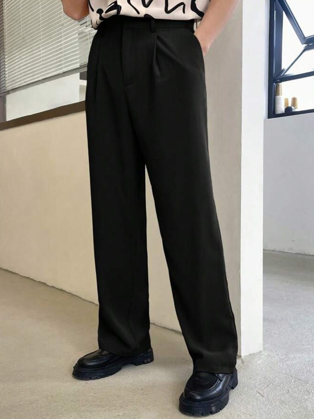 Next One Men Smart Loose Fit Easy Wash Pleated Trousers, Black