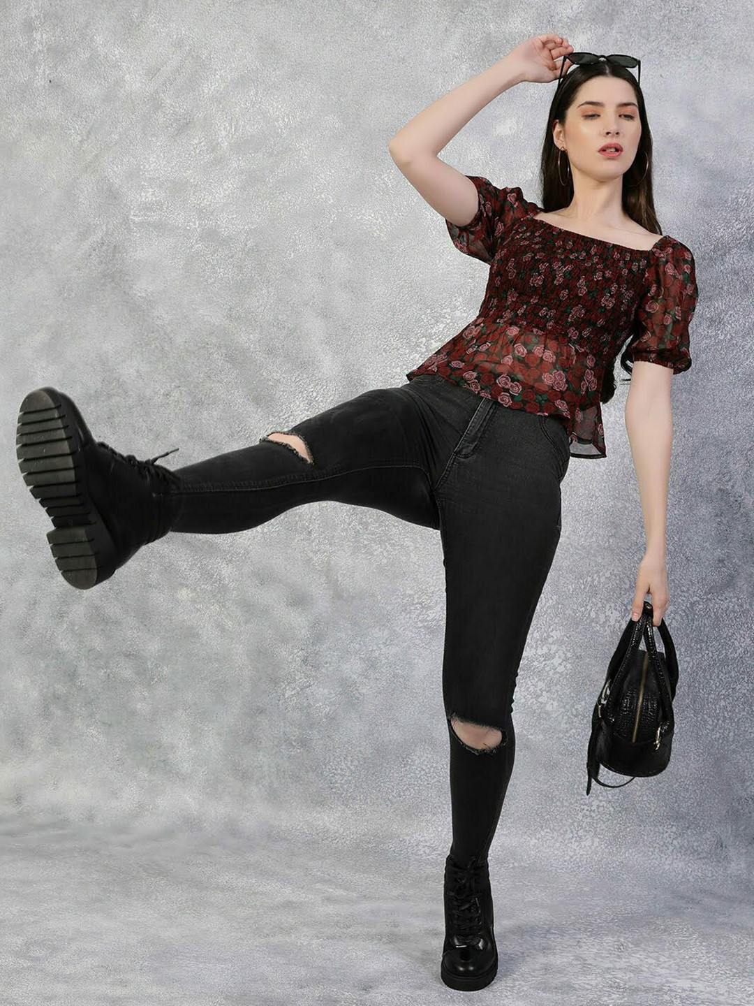 

THE BLACK LOVER Floral Print Georgette Top, Maroon