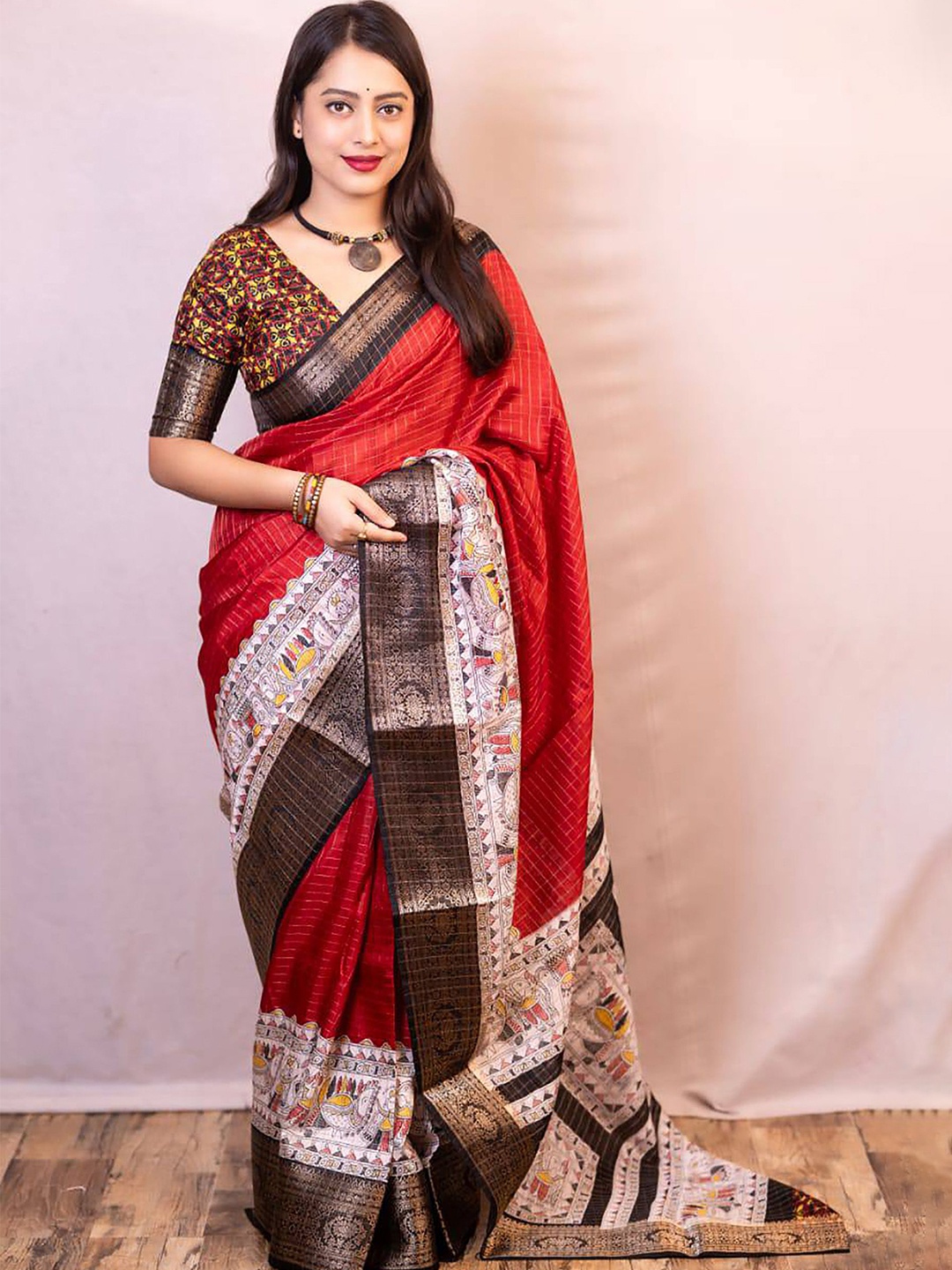 

KALINI Checked Zari Silk Blend Banarasi Saree, Red