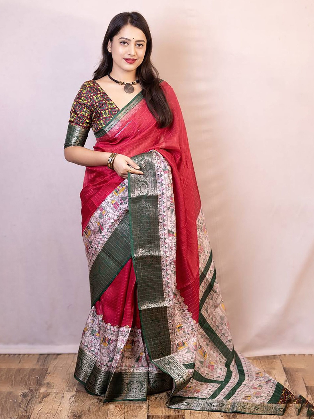 

KALINI Checked Zari Silk Blend Banarasi Saree, Pink