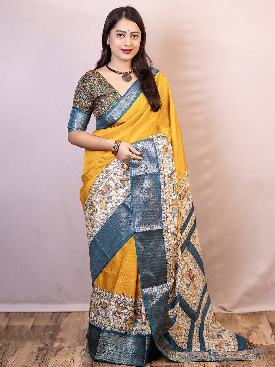 

KALINI Checked Zari Silk Blend Banarasi Saree, Yellow