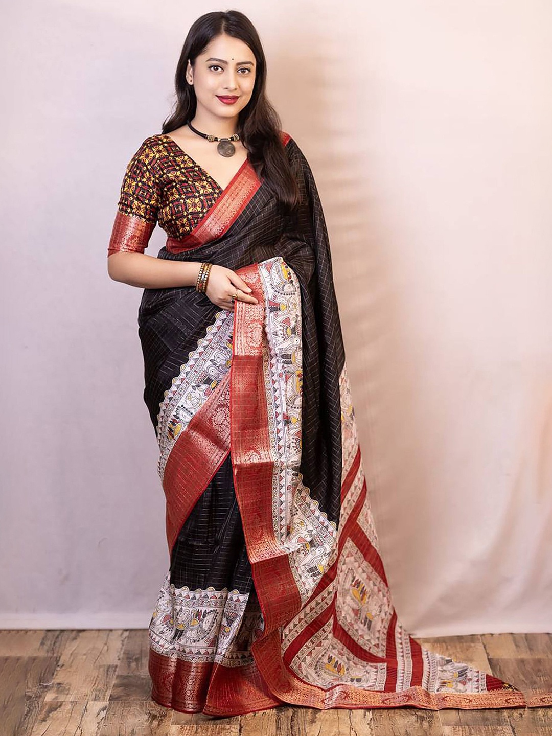 

KALINI Checked Zari Silk Blend Banarasi Saree, Black
