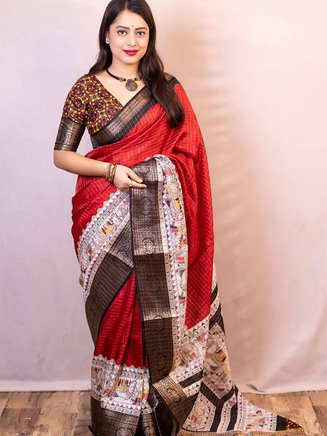 

KALINI Checked Zari Silk Blend Banarasi Saree, Maroon