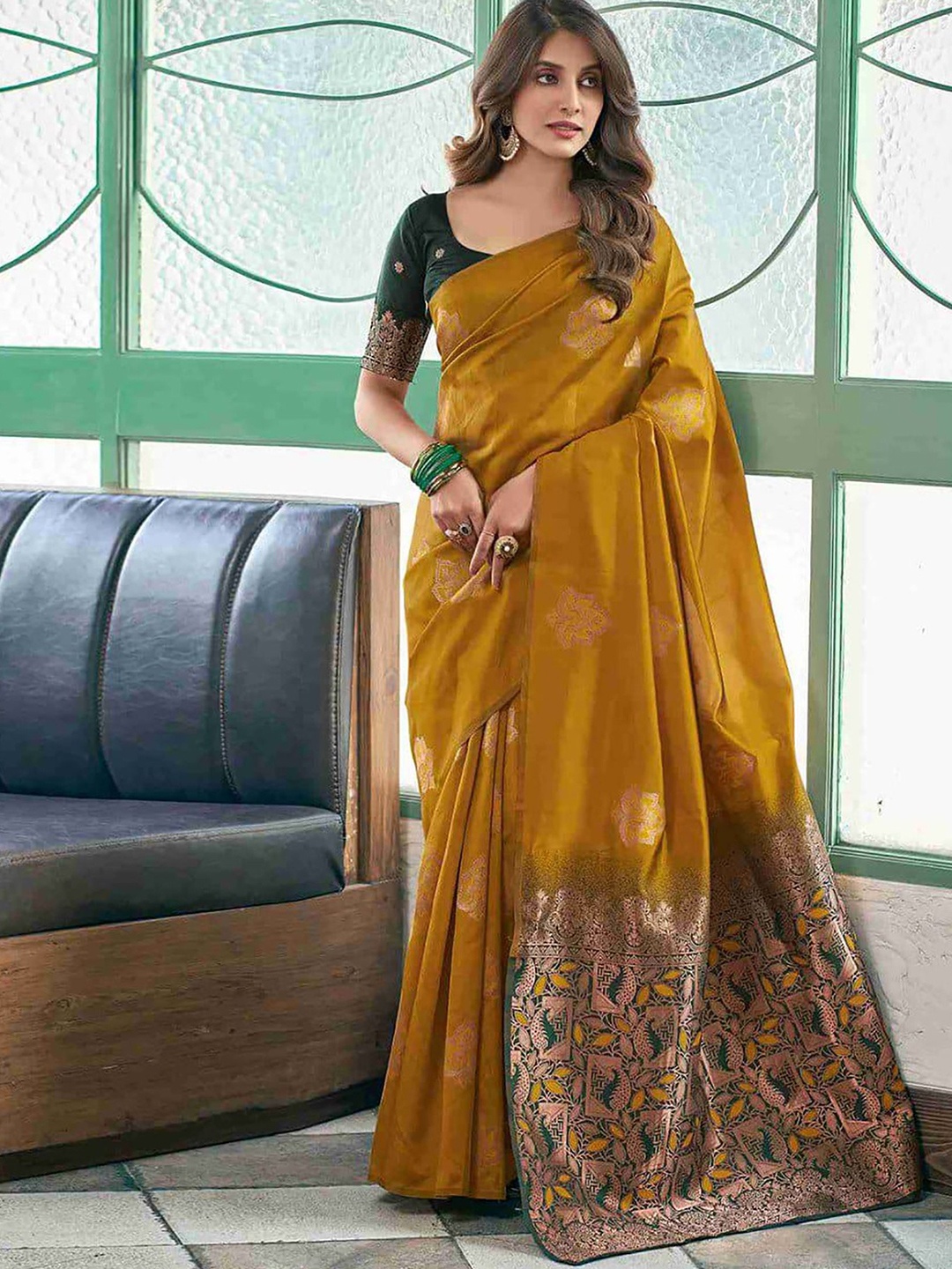 

KALINI Woven Design Silk Blend Banarasi Saree, Yellow