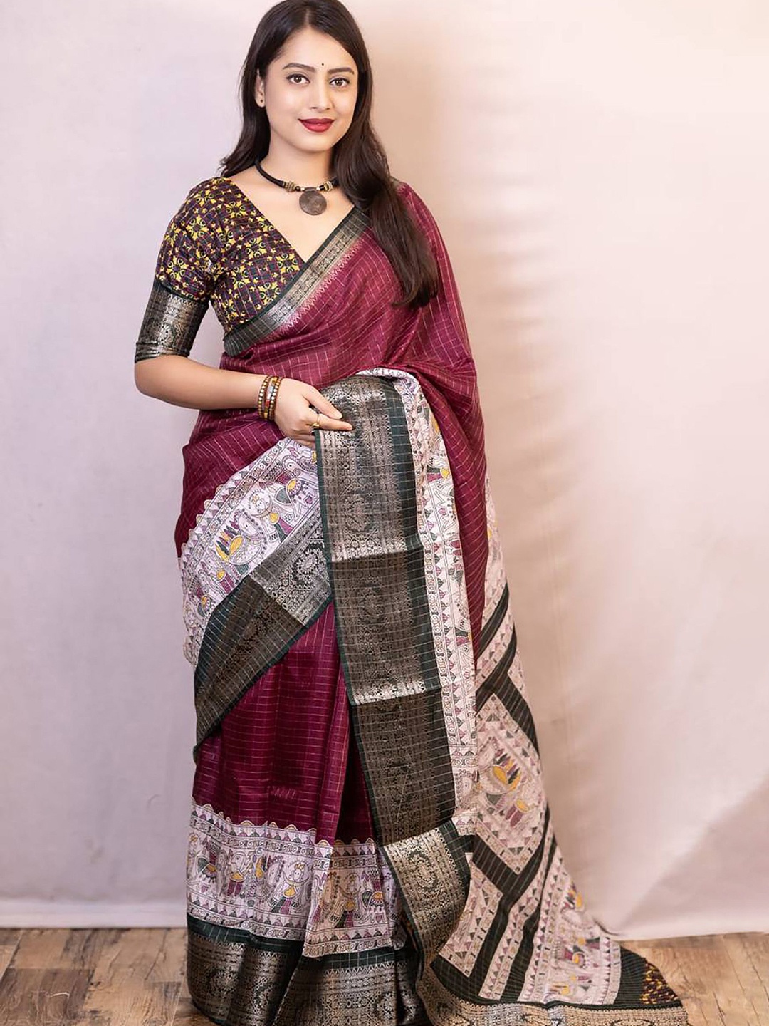 

KALINI Checked Zari Silk Blend Designer Banarasi Saree, Maroon