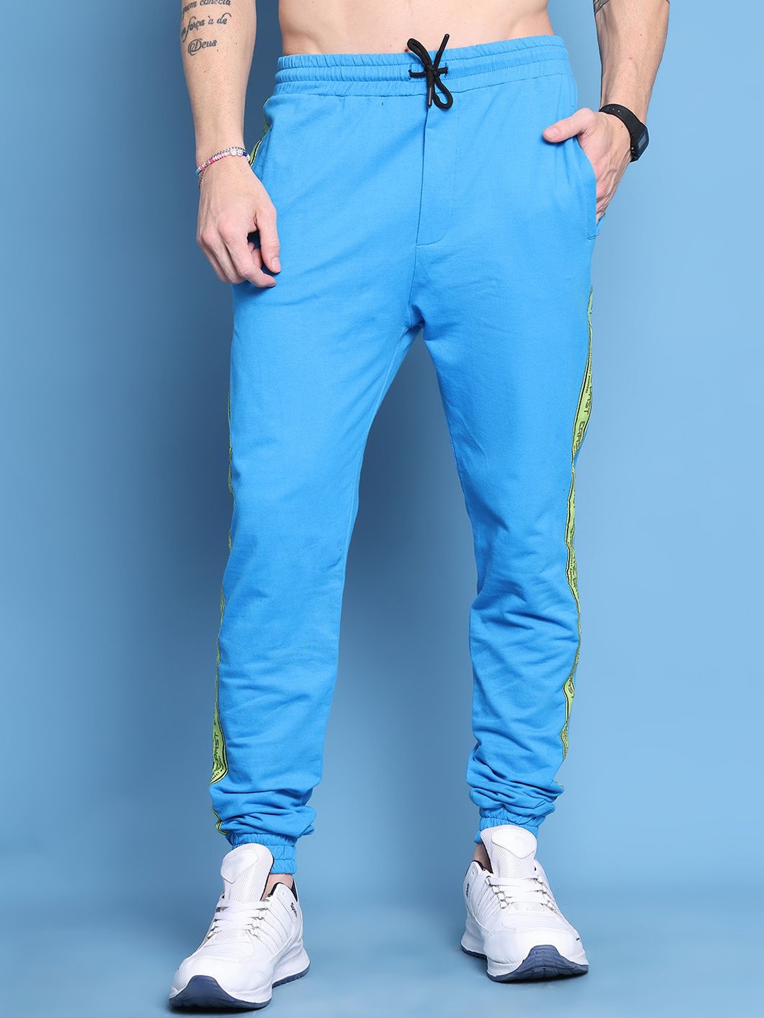 

DOOR74 Men Cotton Joggers, Blue