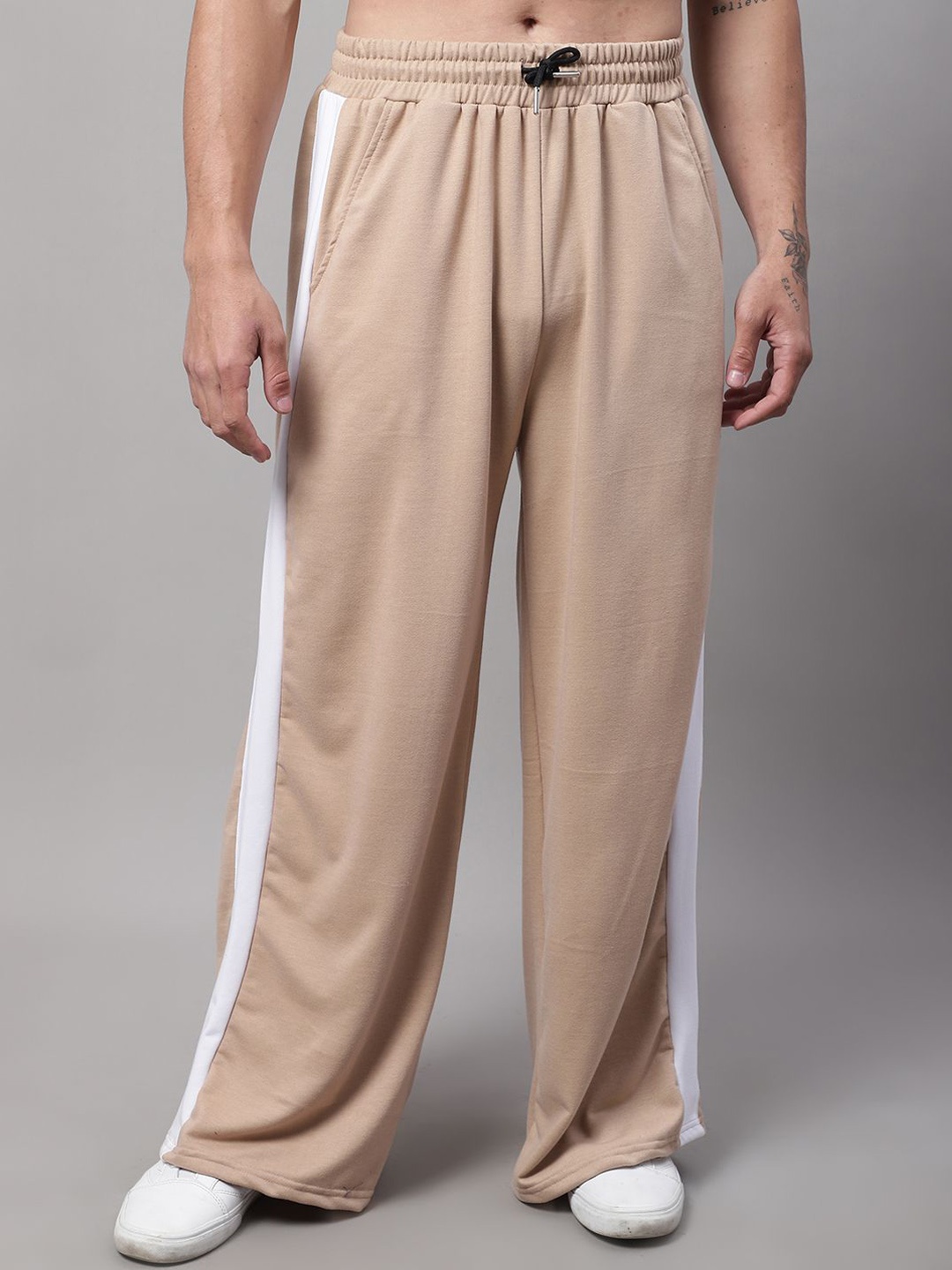 

DOOR74 Men Cotton Bootcut-Fit Track Pants, Beige