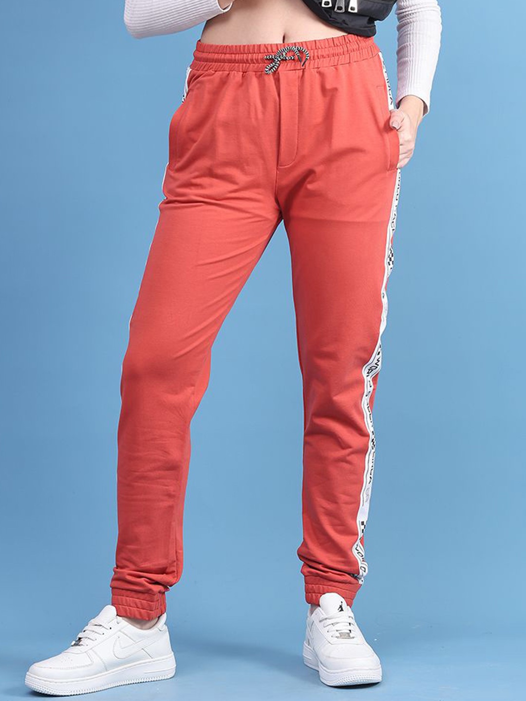 DOOR74 Women Printed Cotton Joggers, Red