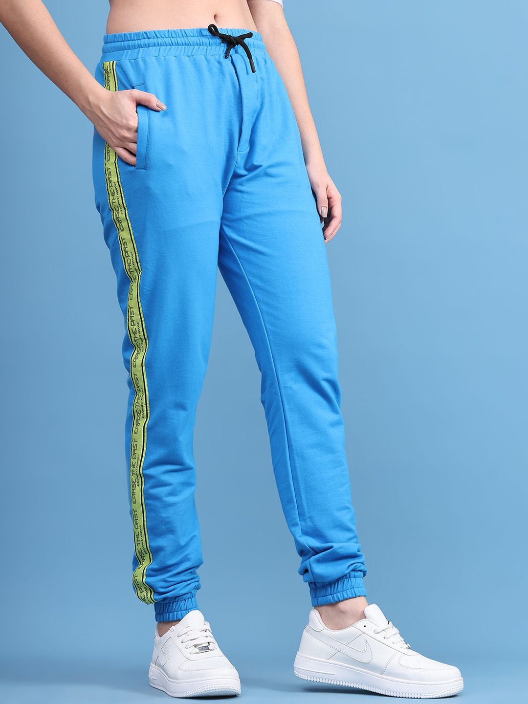 

DOOR74 Women Side Tape Cotton Joggers, Blue