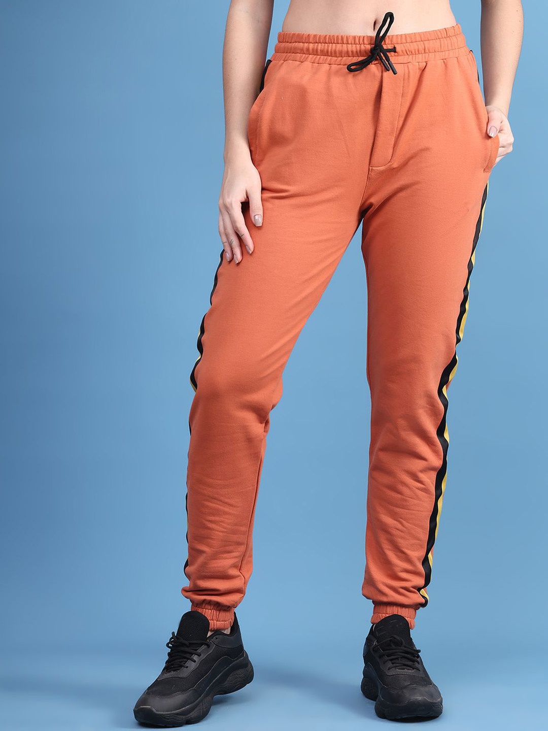 

DOOR74 Women Pure Cotton Mid Rise Joggers With Side Tape, Rust