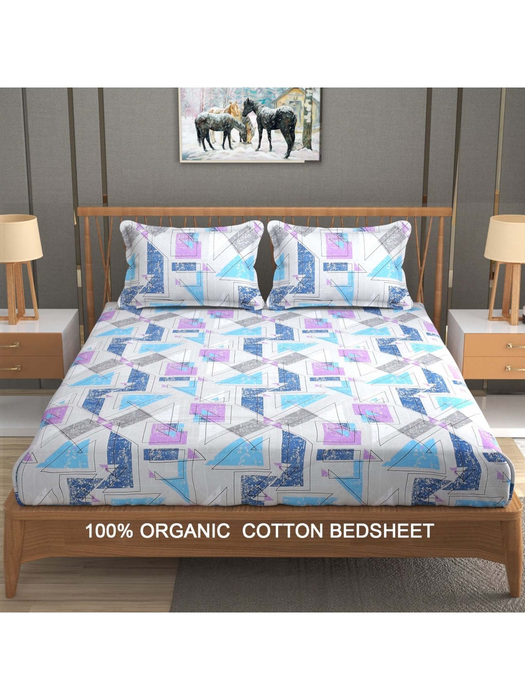 

YaAkholic Blue & White Geometric 300 TC King Bedsheet with 2 Pillow Covers