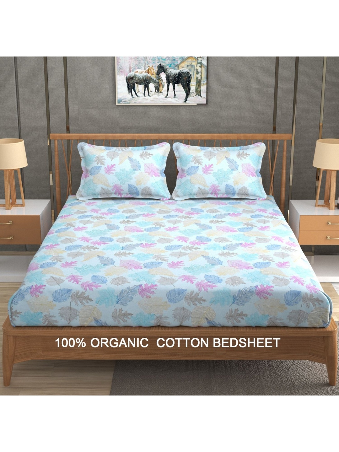 

YaAkholic Blue & Pink Floral 300 TC King Bedsheet with 2 Pillow Covers