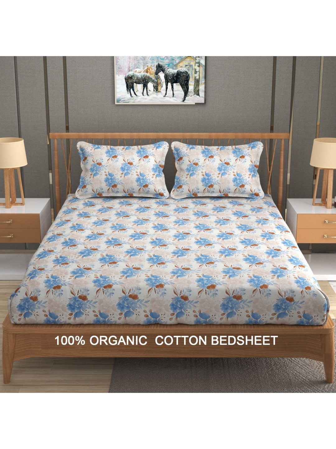 

YaAkholic Beige & Blue Floral 300 TC King Bedsheet with 2 Pillow Covers