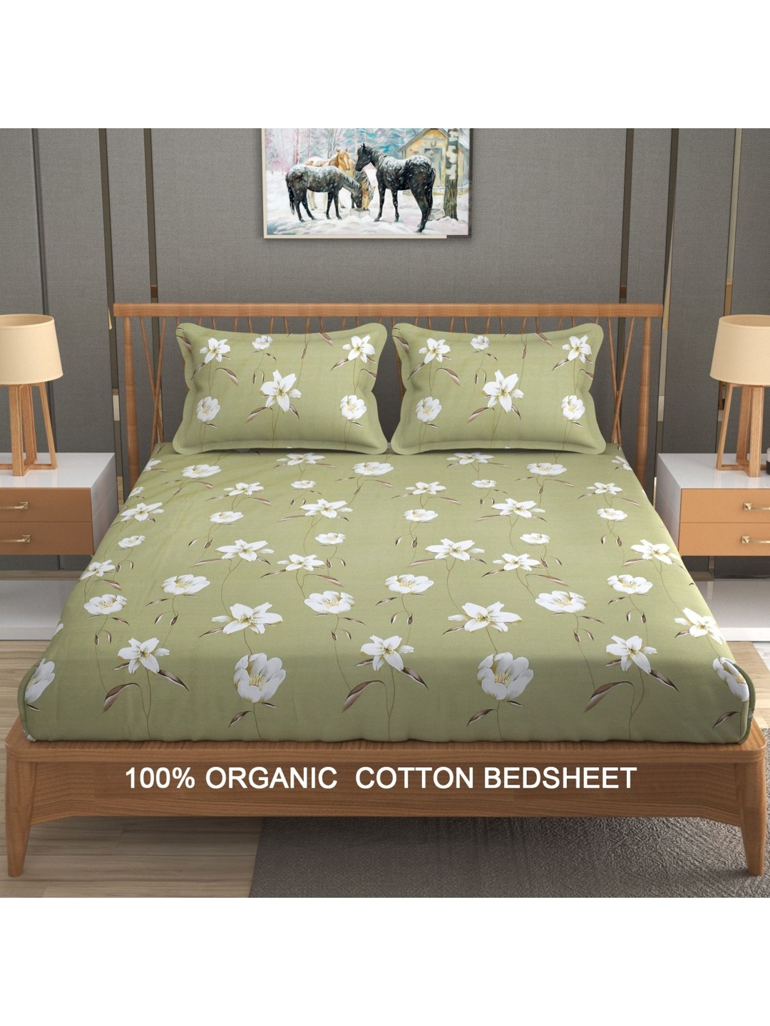 

YaAkholic Green & White Floral 300 TC King Bedsheet with 2 Pillow Covers