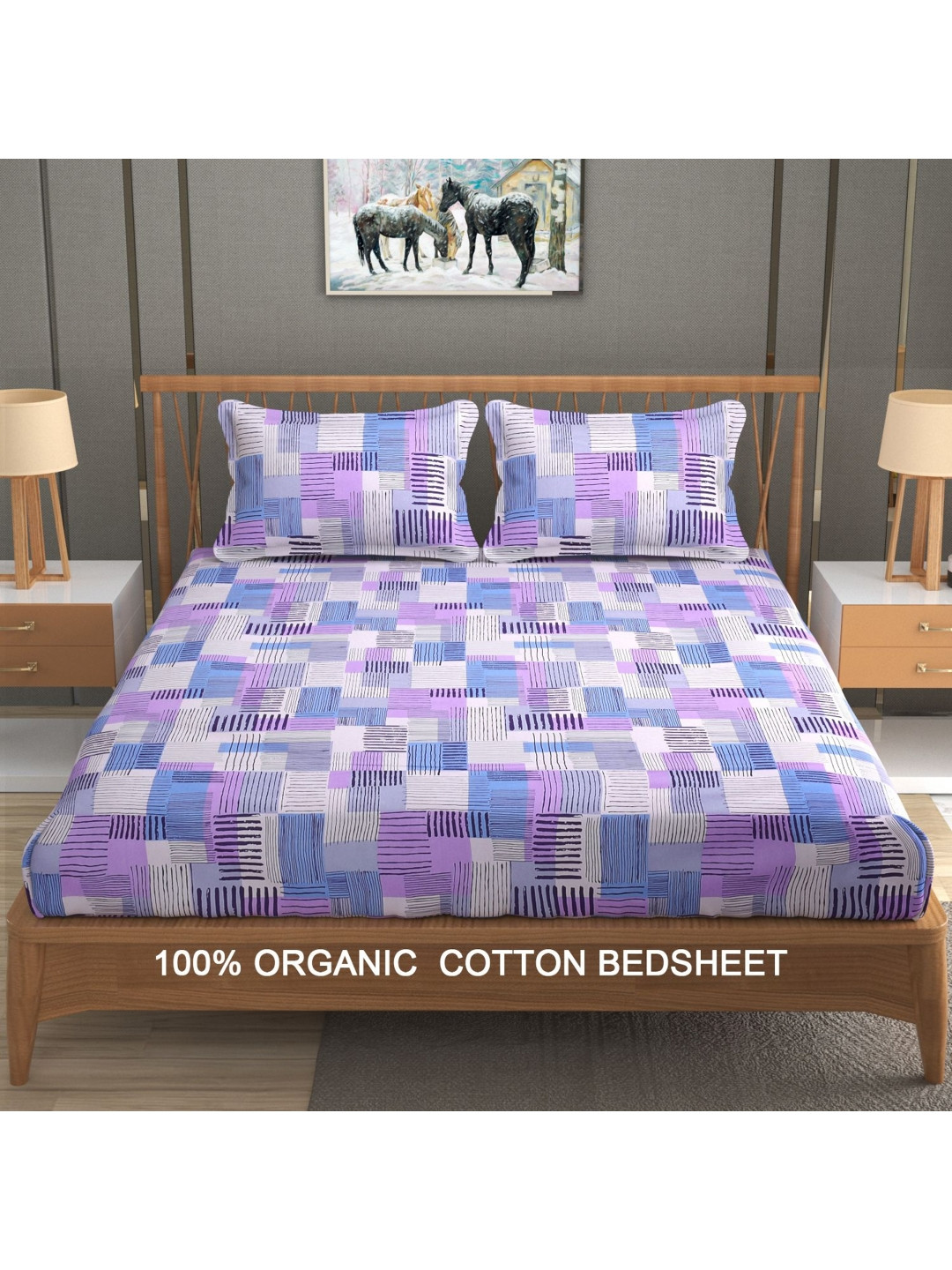 

YaAkholic Blue & Purple Geometric 300 TC King Bedsheet with 2 Pillow Covers