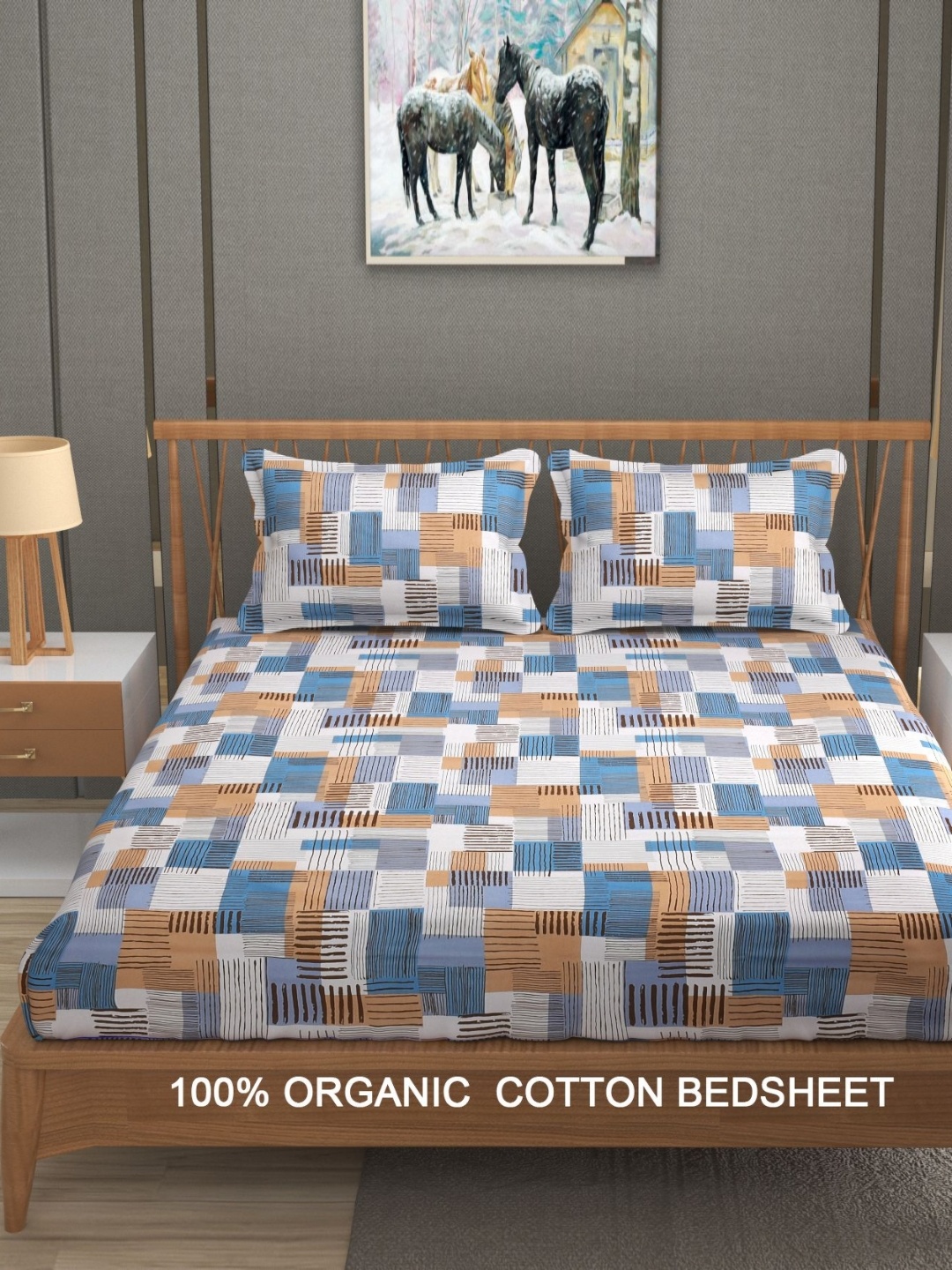 

YaAkholic Blue & Brown Geometric 300 TC King Bedsheet with 2 Pillow Covers