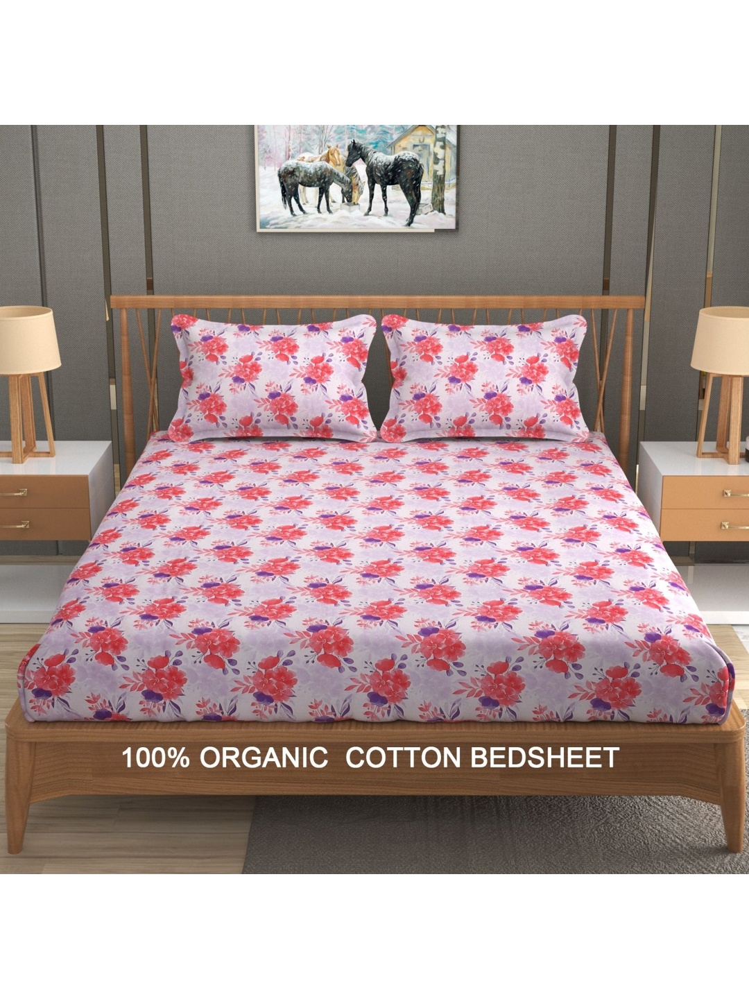 

YaAkholic Pink & Purple Floral 300 TC King Bedsheet with 2 Pillow Covers