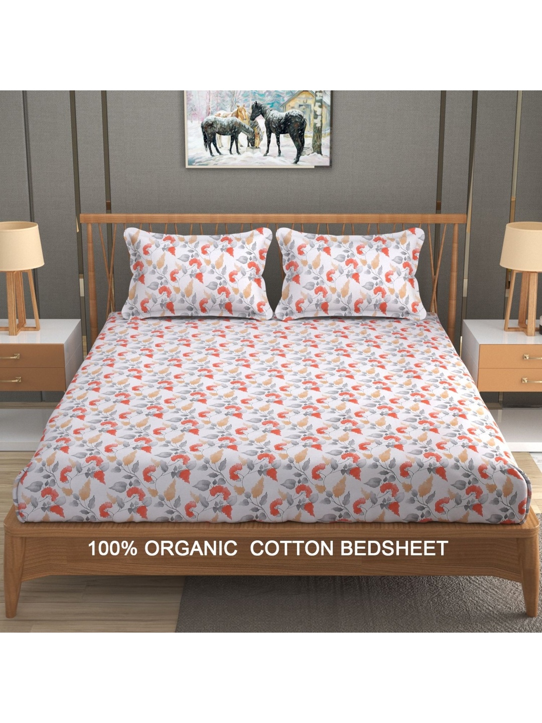 YaAkholic Red & Grey Floral 300 TC King Bedsheet with 2 Pillow Covers