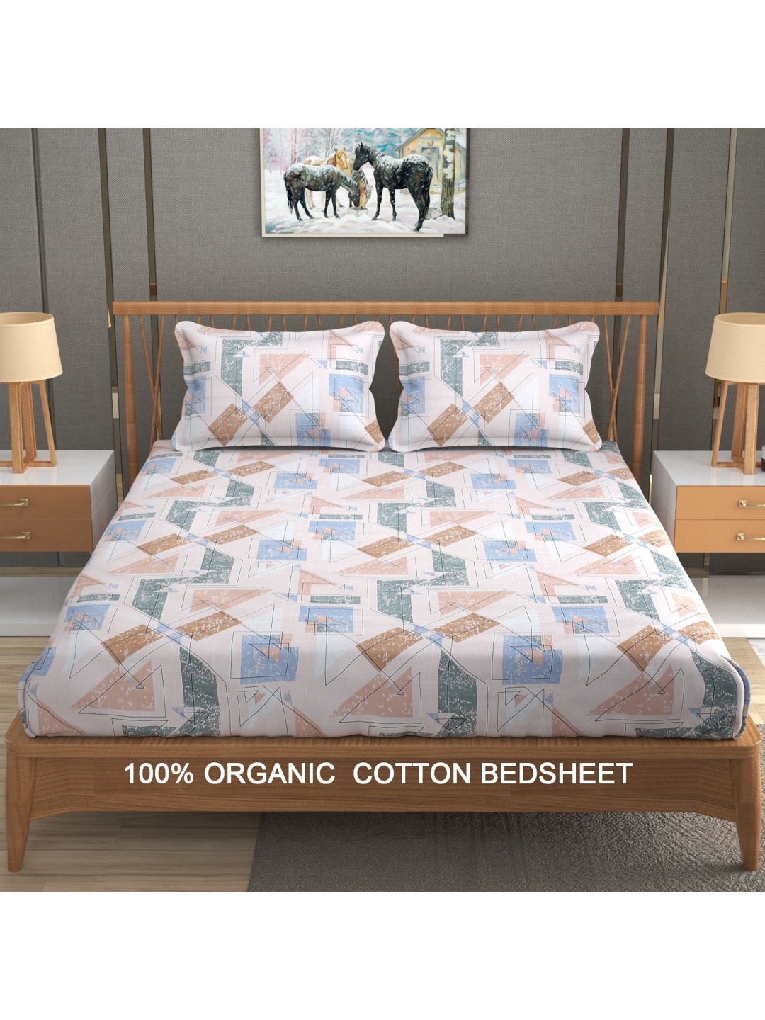 

YaAkholic Beige & Blue Geometric 300 TC King Bedsheet with 2 Pillow Covers