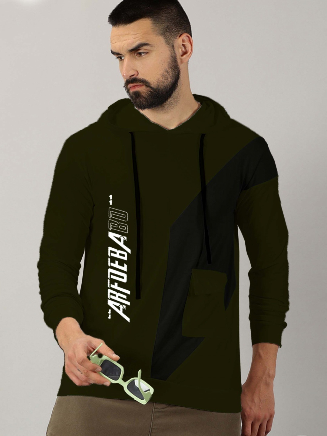 

AUSK Men Typography Hooded Raw Edge T-shirt, Olive