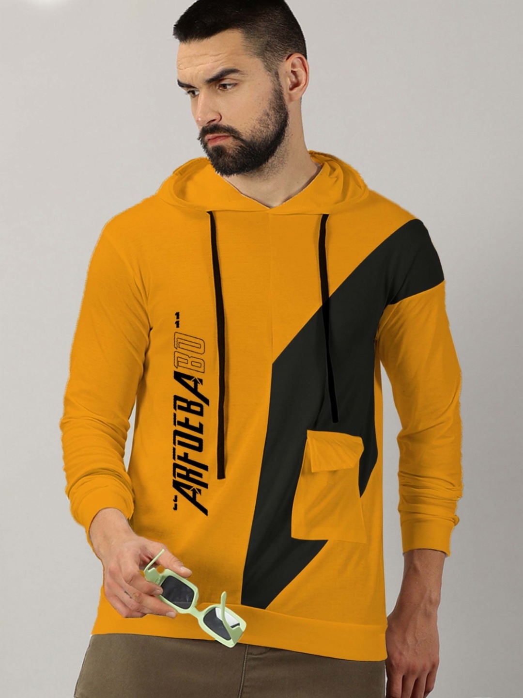 

AUSK Men Typography Hooded Applique T-shirt, Mustard