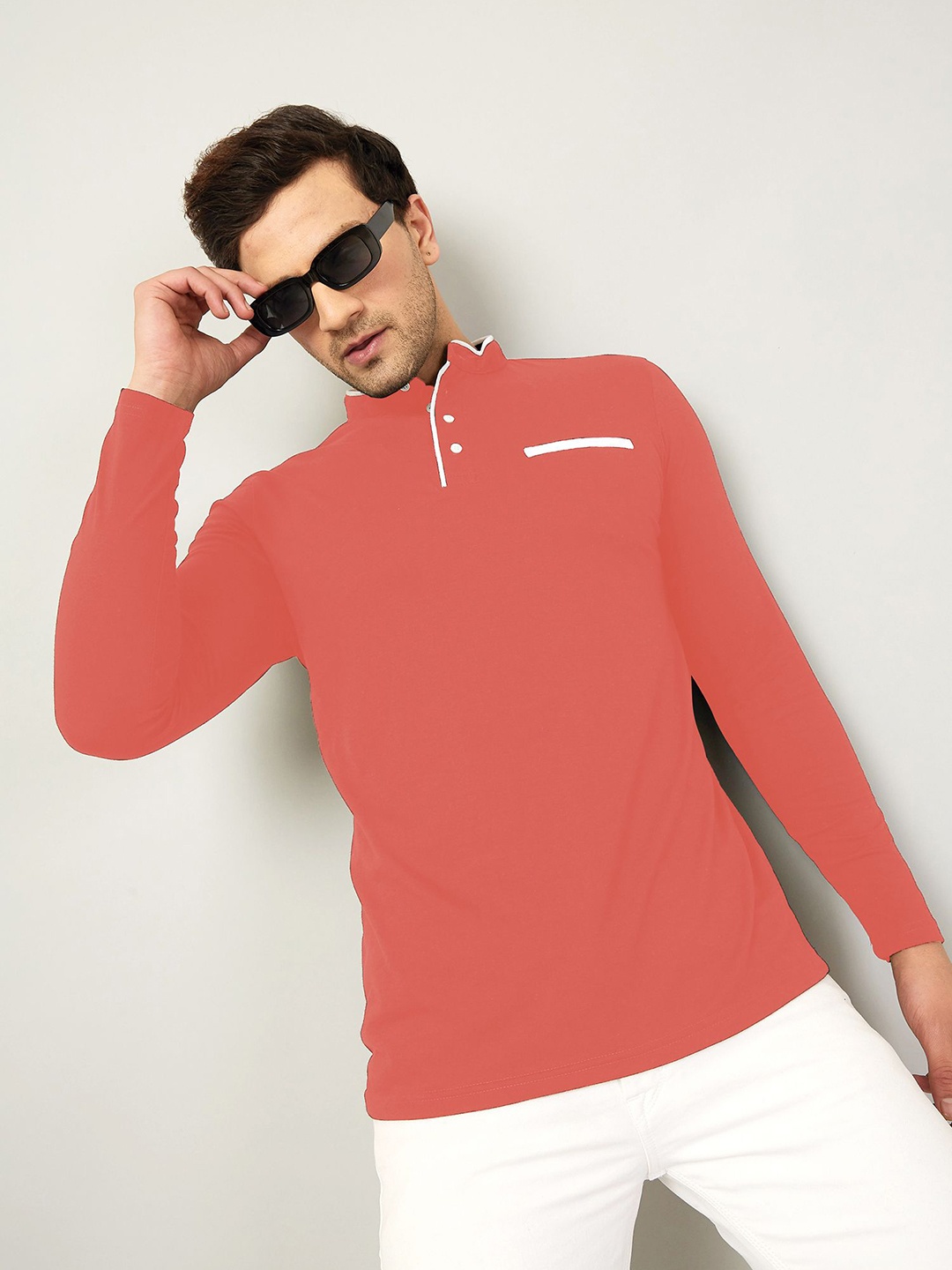 

AUSK Solid Full Sleeve Henley Neck Tshirt, Peach