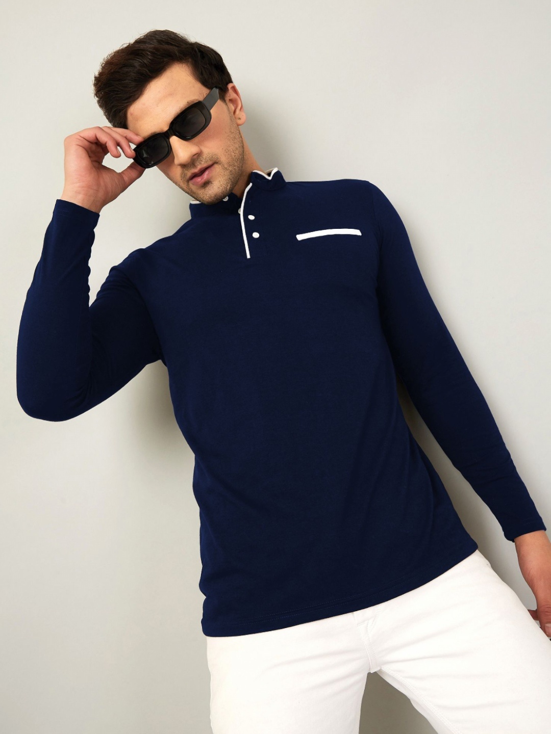 

AUSK Solid Full Sleeve Henley Neck Tshirt, Navy blue