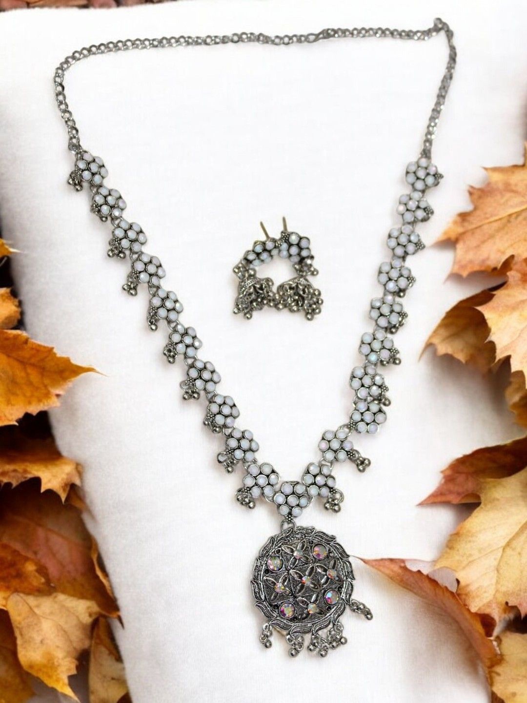 

Jolly Faces Oxidised Stones-Studded & Beaded Jewellery Set, Silver