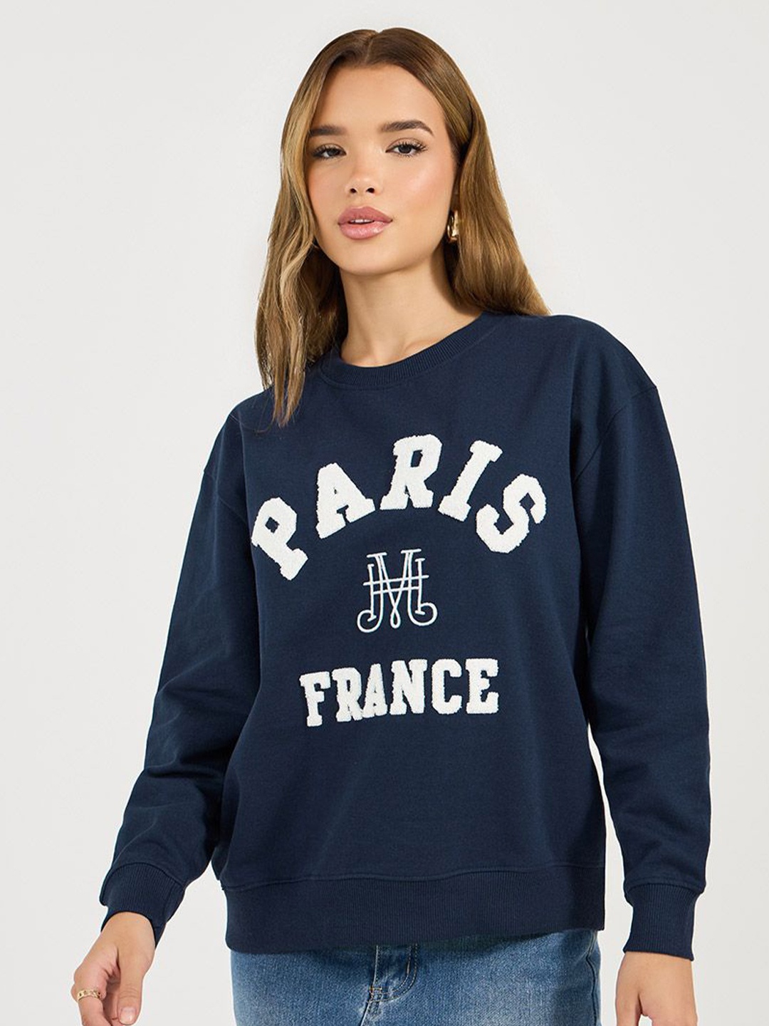 

Styli Women Regular Fit Regular Length Paris Embroidered Sweatshirt, Blue