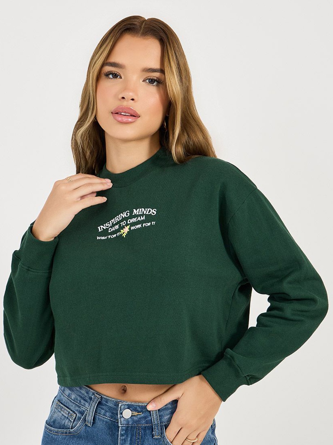 Styli Women Regular Fit Crop Length Graphic Print Sweatshirt, Teal