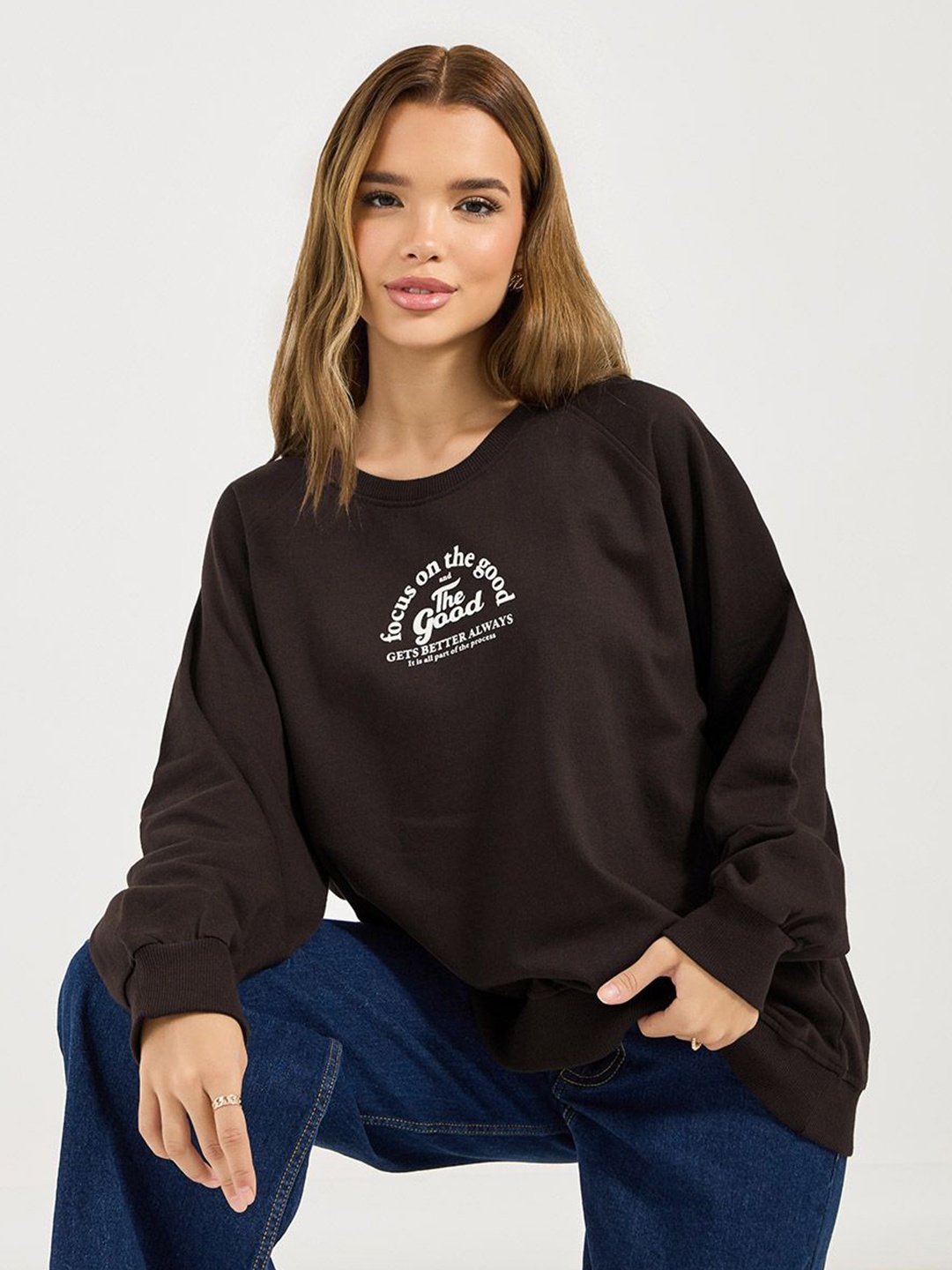 

Styli Women Regular Fit Graphic Sweatshirt, Brown