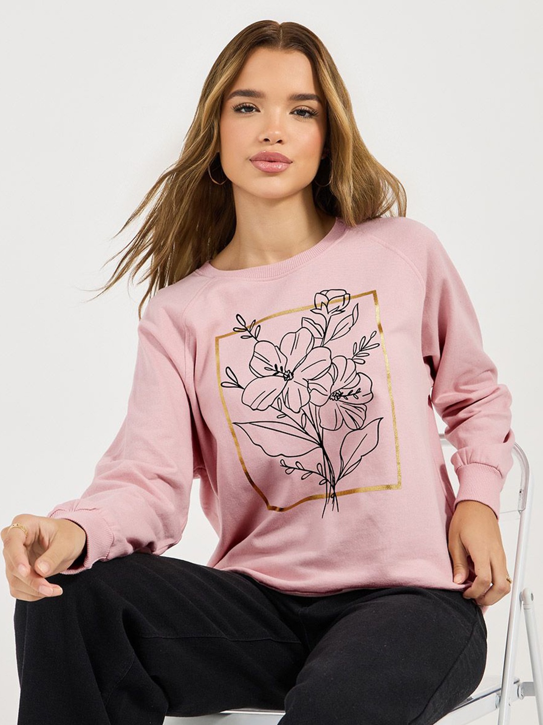 Styli Women Regular Fit Regular Length Graphic Printed Sweatshirt, Peach