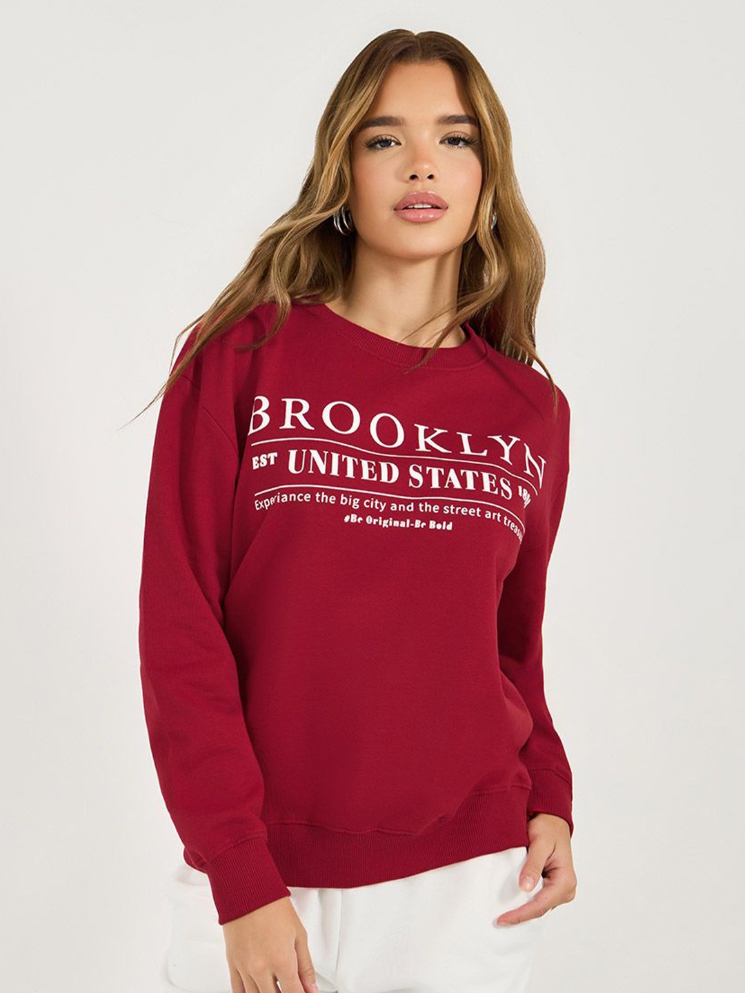 Styli Women Regular Fit Regular Length Slogan Printed Sweatshirt, Red