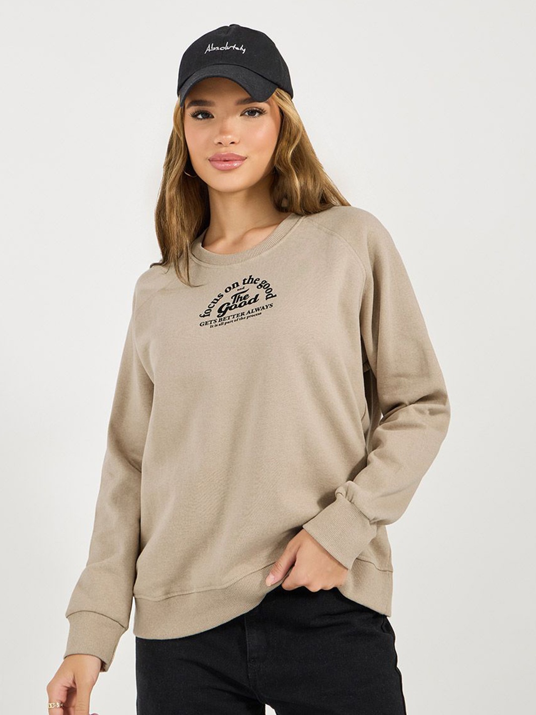 

Styli Women Regular Fit Regular Length Graphic Printed Sweatshirt, Beige