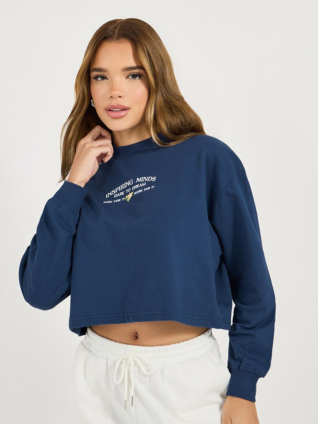 

Styli Women Regular Fit Crop Length Graphic Sweatshirt, Navy blue