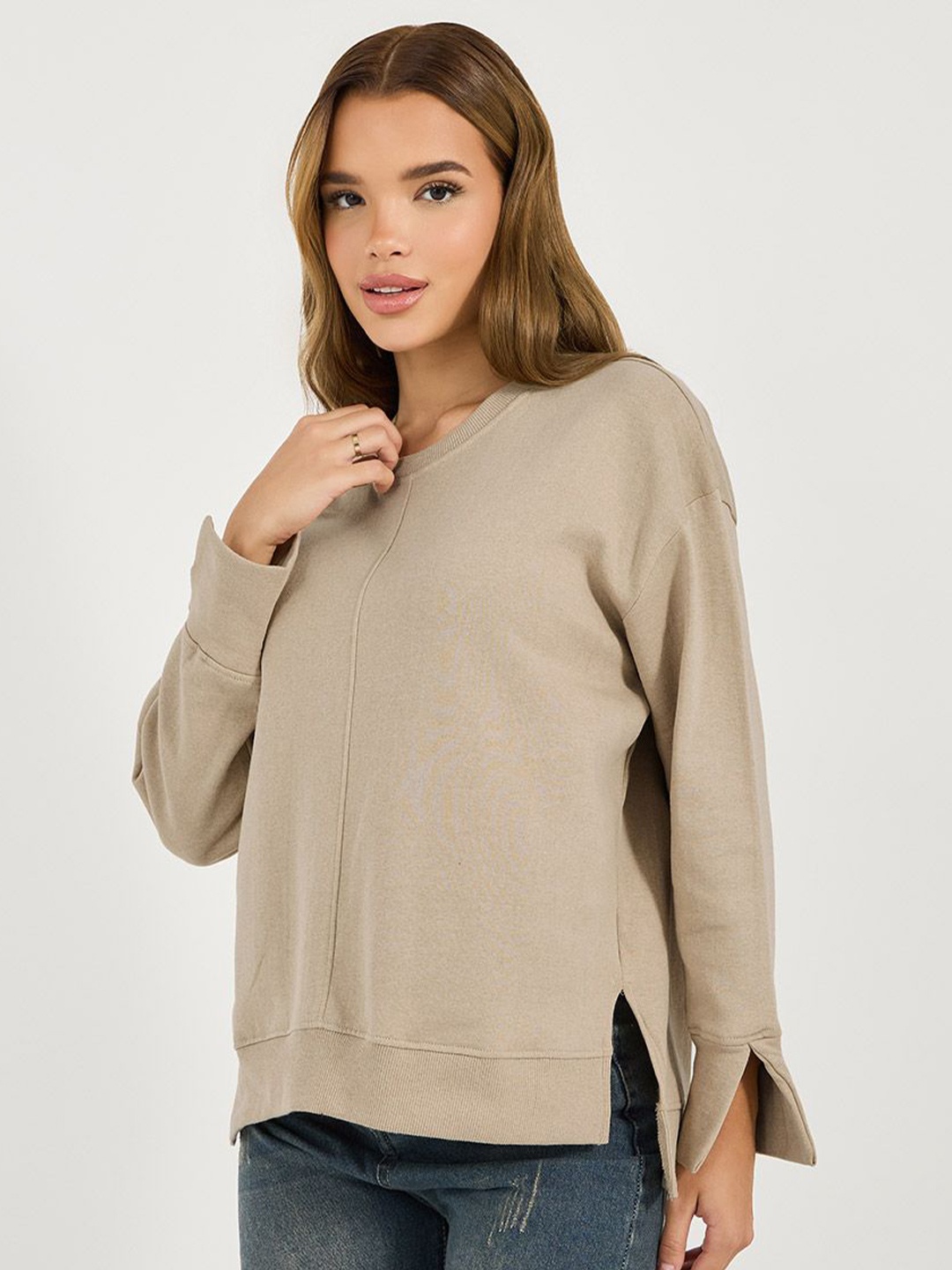 Styli Women Regular Fit Long Length Sweatshirt With Side Slit, Beige