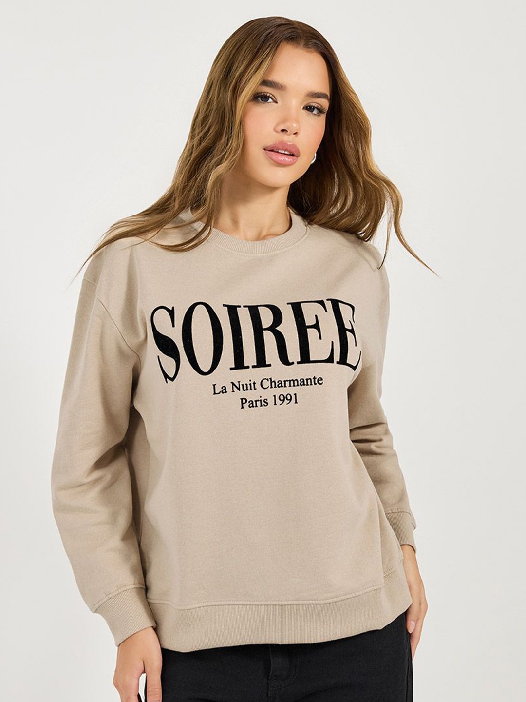 Styli Women Regular Fit Regular Length Flock Printed Sweatshirt, Beige