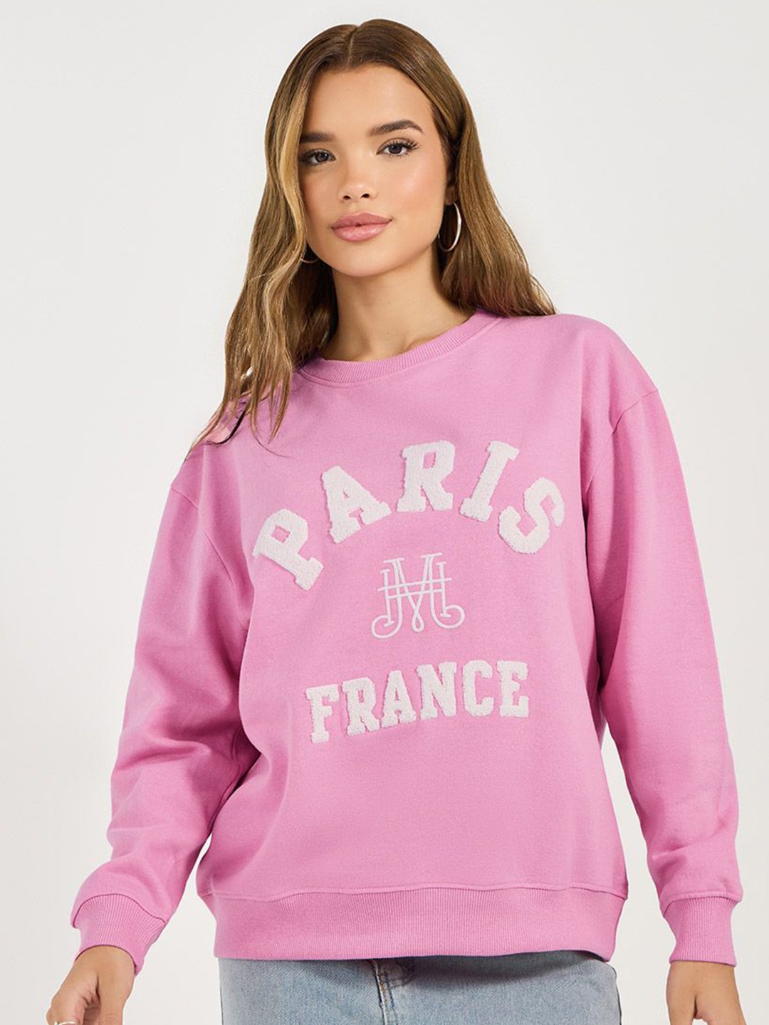 

Styli Women Regular Fit Regular Length Paris Embroidered Sweatshirt, Purple